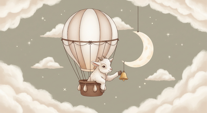 Kids-Mundo flat artwork of a baby goat in a hot air balloon beneath the moon