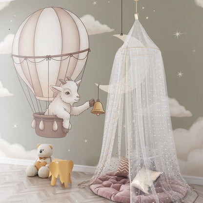 Kids-Mundo goat and starlit balloon wall mural bringing cosy charm to a children's playroom