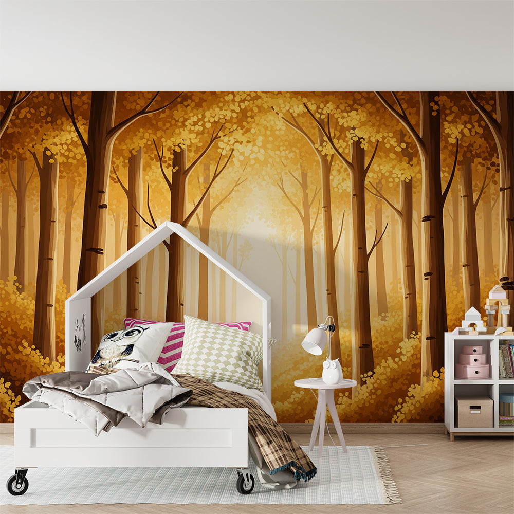 Kids-Mundo forest scene mural covering a wall in a child's storybook bedroom