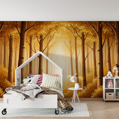 Kids-Mundo forest scene mural covering a wall in a child's storybook bedroom