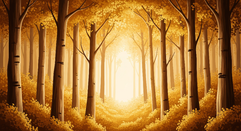 Kids-Mundo golden autumn forest scene with sunlit path, flat artwork for wall mural