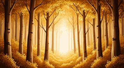 Kids-Mundo golden autumn forest scene with sunlit path, flat artwork for wall mural