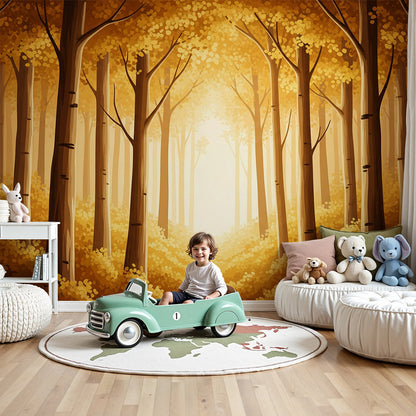 Kids-Mundo golden autumn forest wall mural in a warm, cosy nursery setting