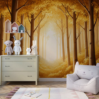Kids-Mundo sunlit woodland wallpaper mural as a feature wall in a playroom