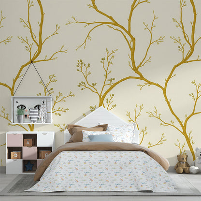 Kids-Mundo golden branch wall mural featured above a bed in a bright kids bedroom