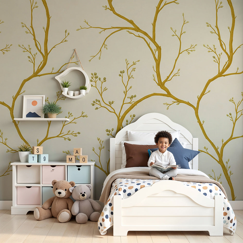Kids-Mundo golden branch wall mural styled behind a cot in a soft cream nursery