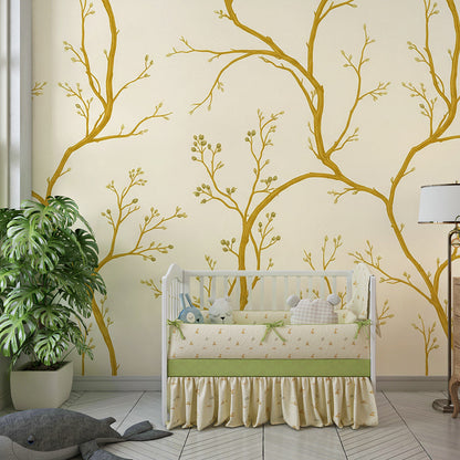 Kids-Mundo golden branch wall mural adding gentle detail to a calm playroom wall