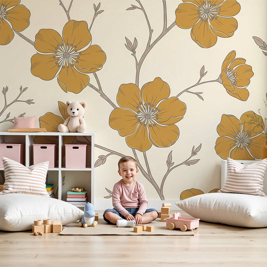 Kids-Mundo golden buttercup line art wall mural in a calm, light nursery
