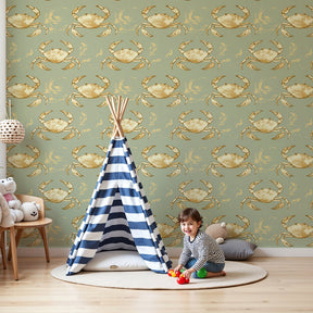 Golden crab mural wallpaper in coastal nursery room setting by Kids-Mundo