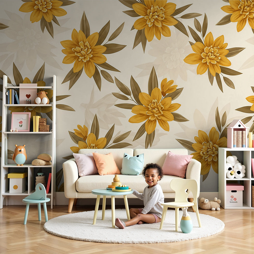 Kids-Mundo golden dahlia flower wall mural in a warm, light-filled nursery