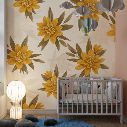 Kids-Mundo golden floral wallpaper mural brightening a children's playroom wall
