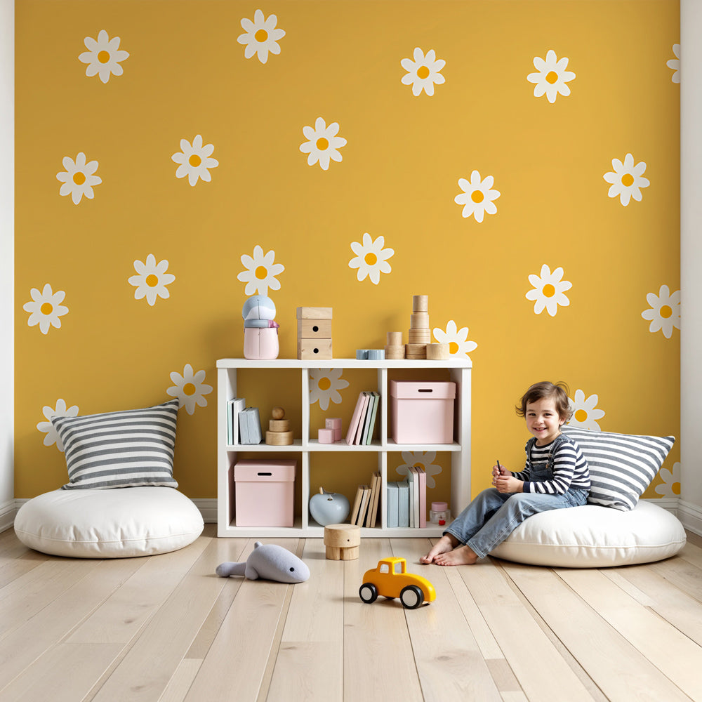 Kids-Mundo golden daisy wall mural on a sunny yellow feature wall in a bright nursery