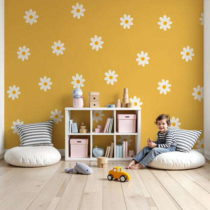 Kids-Mundo golden daisy wall mural on a sunny yellow feature wall in a bright nursery