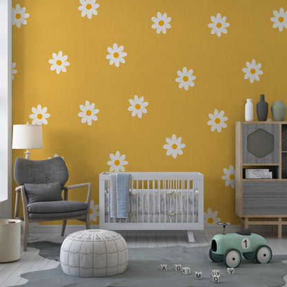 Kids-Mundo yellow daisy wall mural brightening a playful children's playroom wall