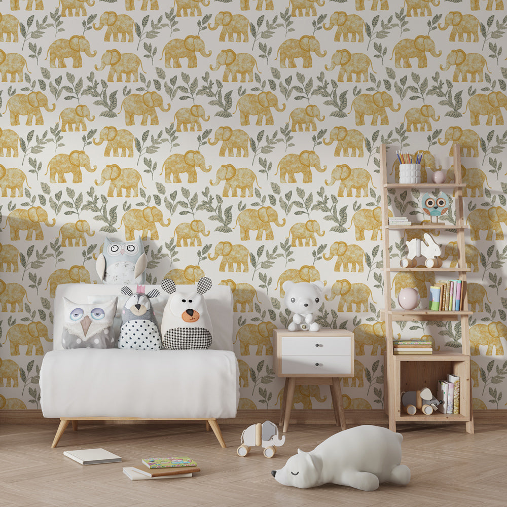 Golden elephant mural wallpaper transforming kids playroom with gentle safari theme