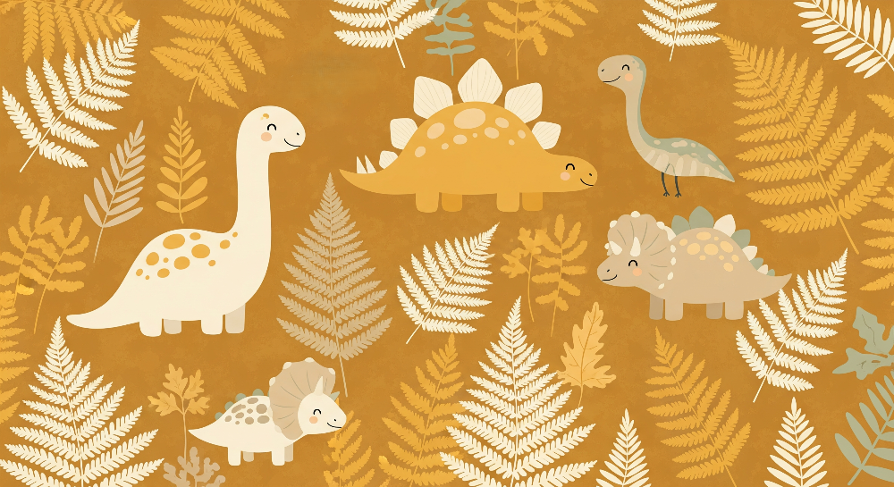 Happy Dinosaurs in Golden Fern Forest Wall Mural