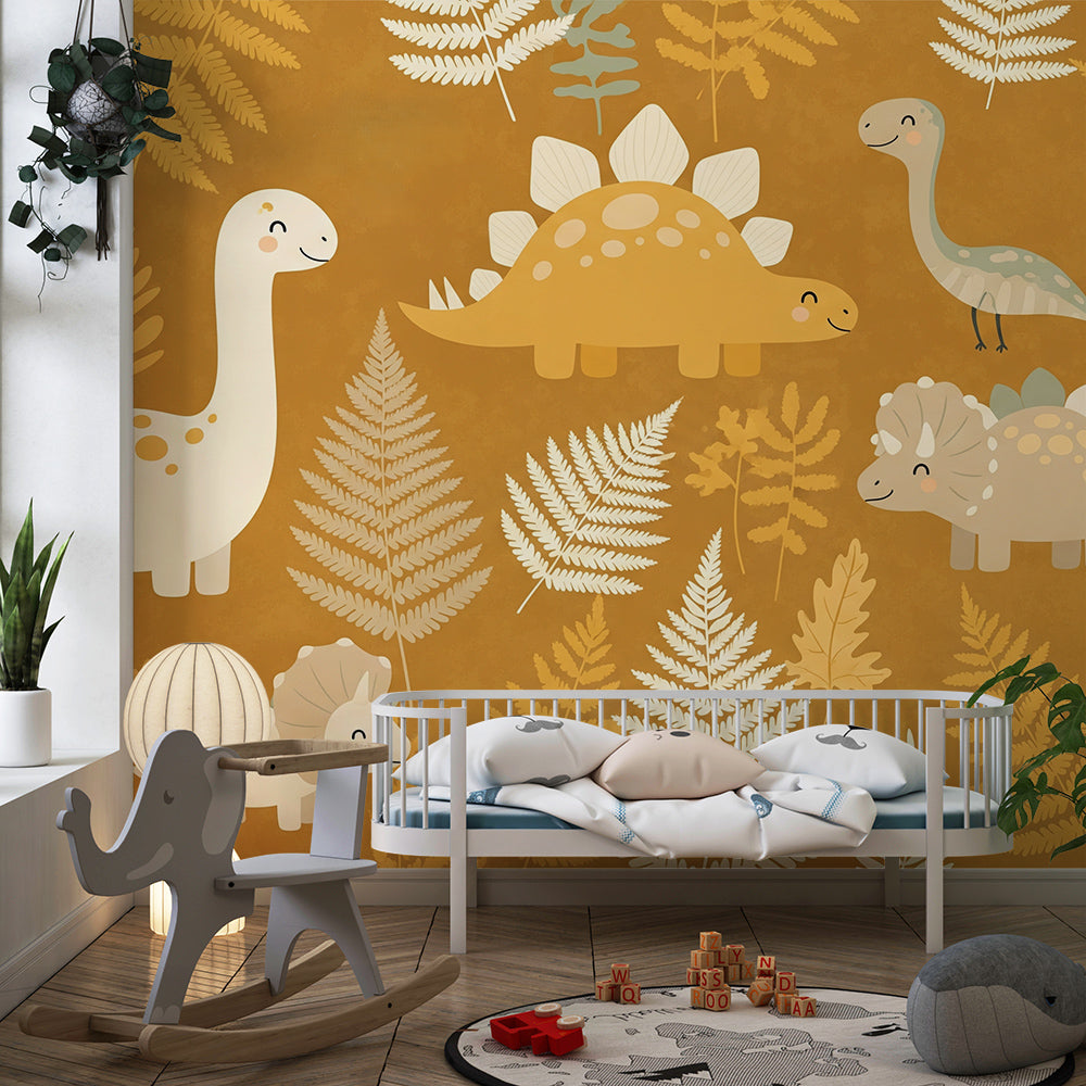 Kids-Mundo fern forest dinosaur mural brightening a playful children's playroom wall.