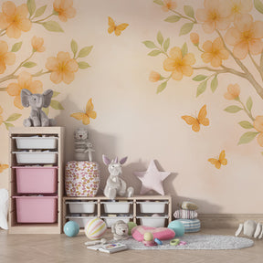 Floral mural wallpaper with golden flowers creating serene kids bedroom atmosphere