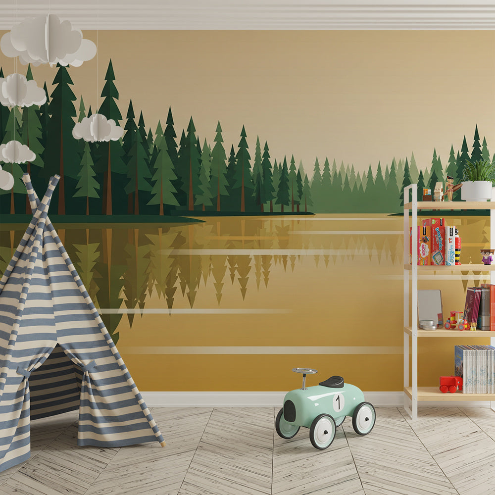 Kids-Mundo forest lake reflection wall mural as a feature wall in a kids bedroom
