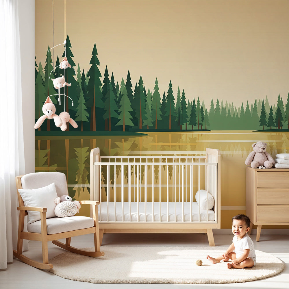Kids-Mundo golden forest lake wall mural styled in a warm sunlit nursery room
