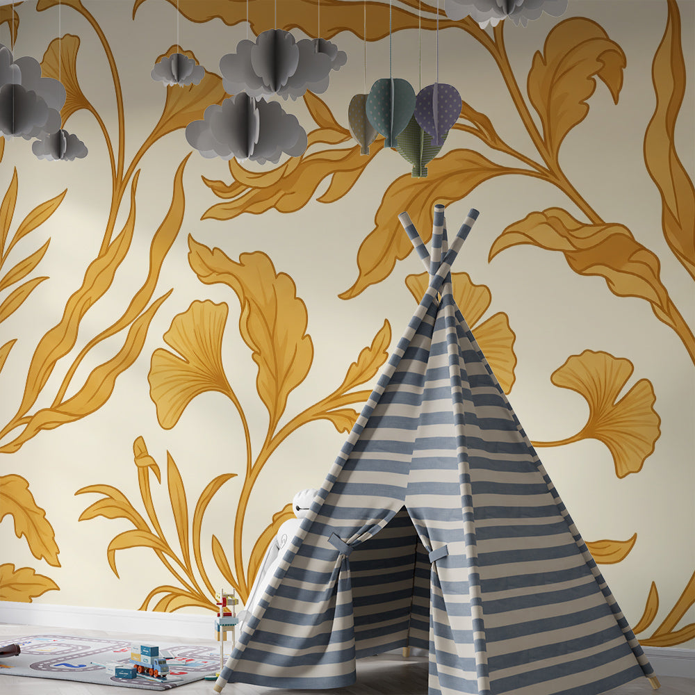Kids-Mundo ginkgo vine mural covering a wall behind a bed in a cosy bedroom