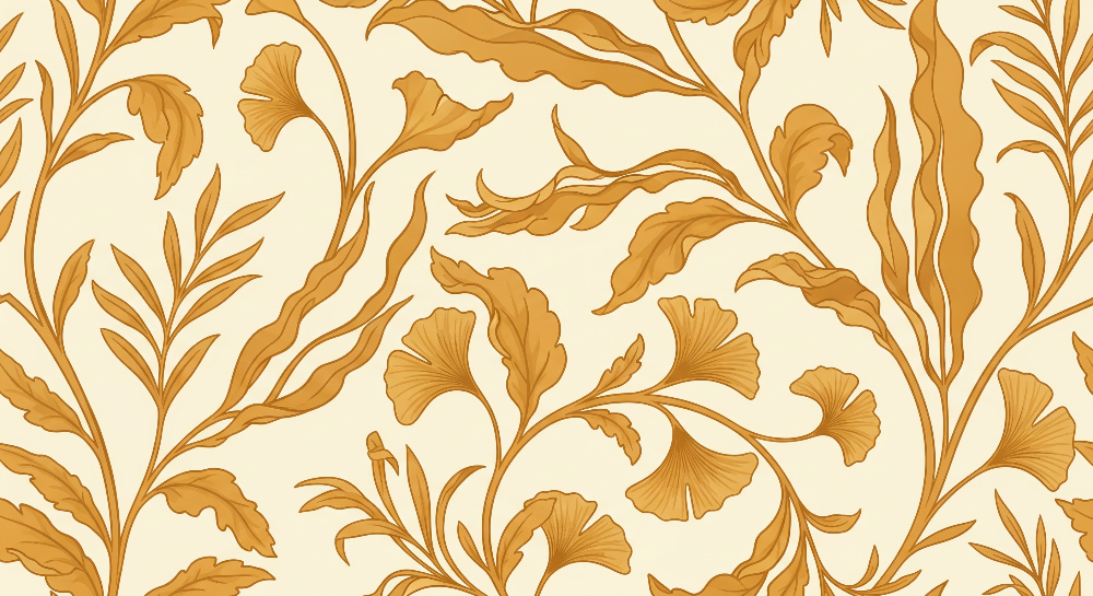 Kids-Mundo golden ginkgo leaf and vine pattern on cream, flat artwork for mural