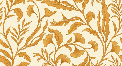 Kids-Mundo golden ginkgo leaf and vine pattern on cream, flat artwork for mural