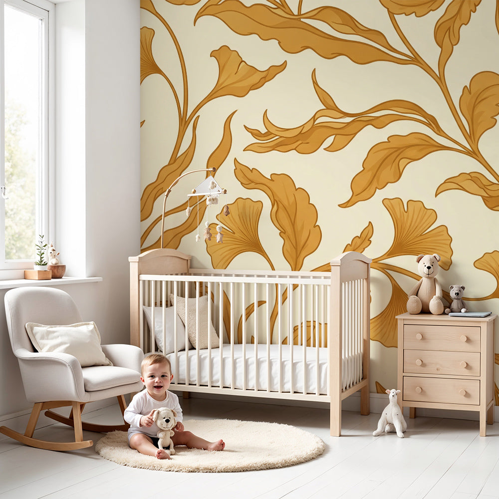 Kids-Mundo golden ginkgo leaf vine wall mural in a warm, softly lit nursery