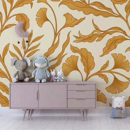 Kids-Mundo golden botanical wallpaper mural styled in a light-filled playroom