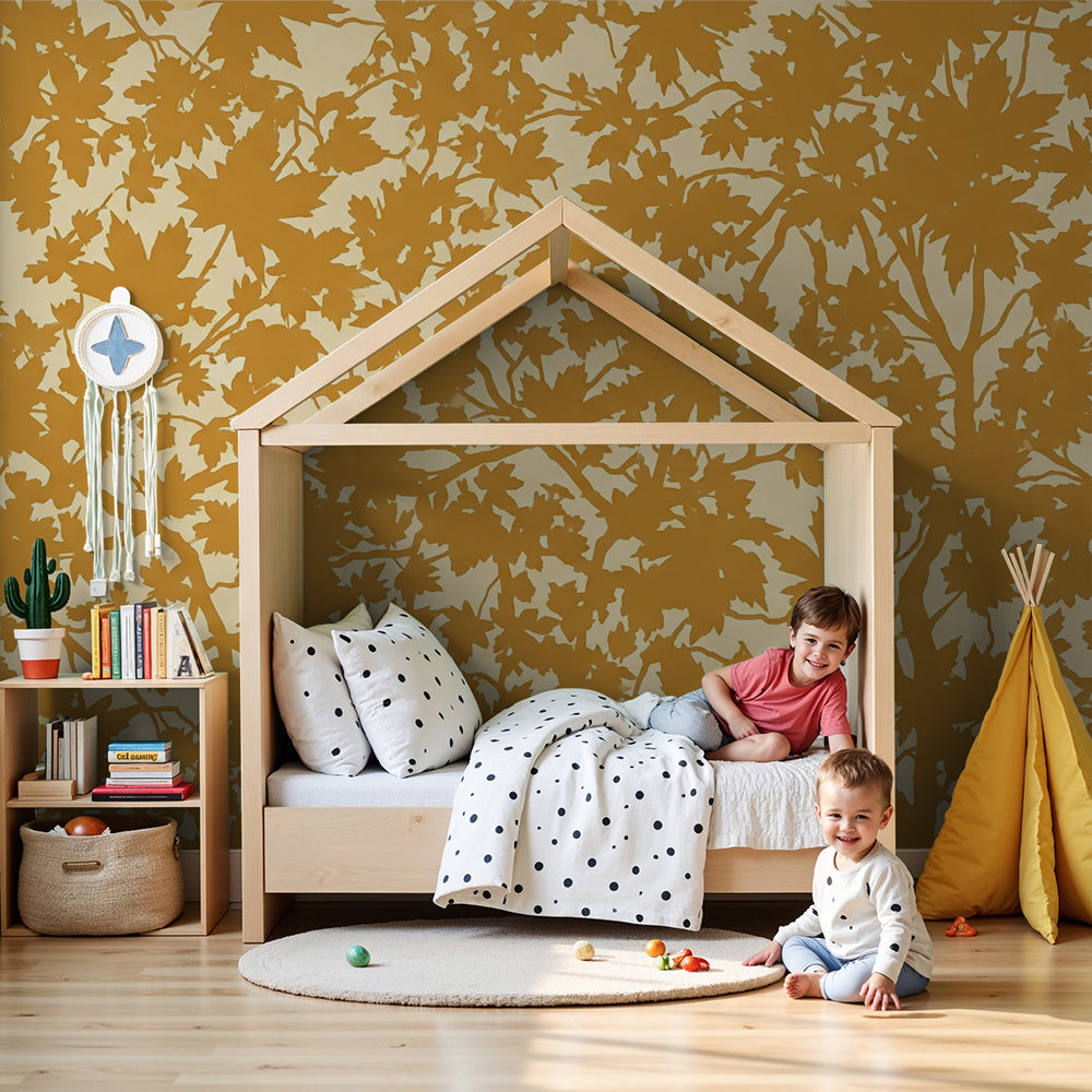 Kids-Mundo golden maple leaf wall mural in a soft, sunlit nursery corner