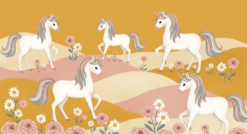 Unicorn Herd in a Rose-Filled Golden Meadow Wall Mural