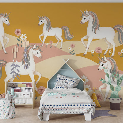 Kids-Mundo unicorn meadow mural brightening a playroom wall with roses and rolling golden hills