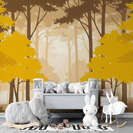 Kids-Mundo golden mist forest wall mural filling a wall in a peaceful kids bedroom