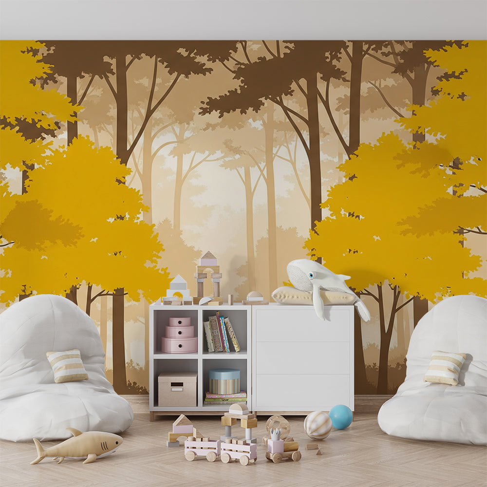 Kids-Mundo golden mist forest wall mural bringing depth to a quiet playroom corner