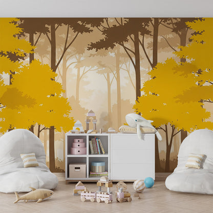Kids-Mundo golden mist forest wall mural bringing depth to a quiet playroom corner