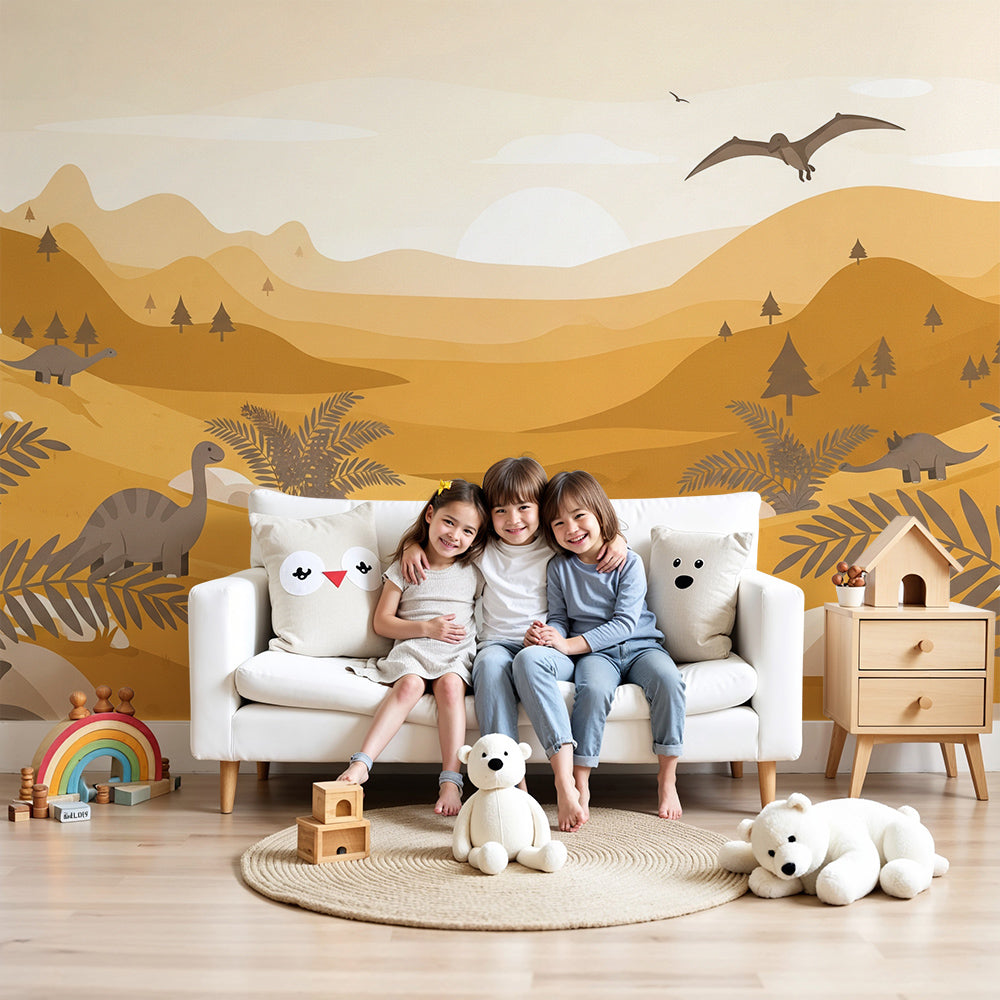 Kids-Mundo golden prehistoric valley dinosaur mural styled in a bright, sunlit nursery.