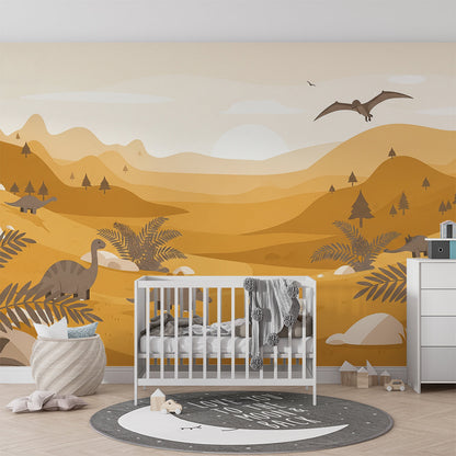 Kids-Mundo golden valley dinosaur mural adding adventure to a family playroom wall.