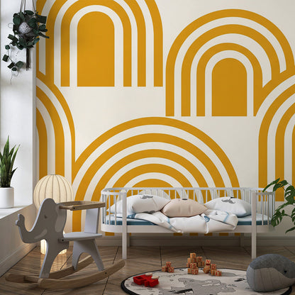 Kids bedroom with the Kids-Mundo mustard rainbow arch pattern wall mural