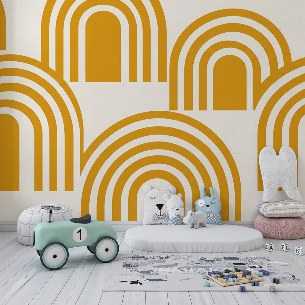 Playroom styled with the Kids-Mundo golden rainbow arches wall mural as a feature wall
