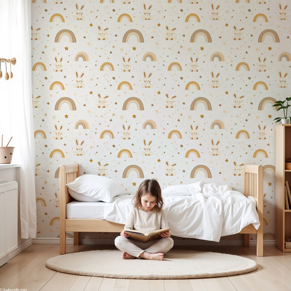 Kids-Mundo golden rainbow and bunny wall mural in a warm neutral nursery setting