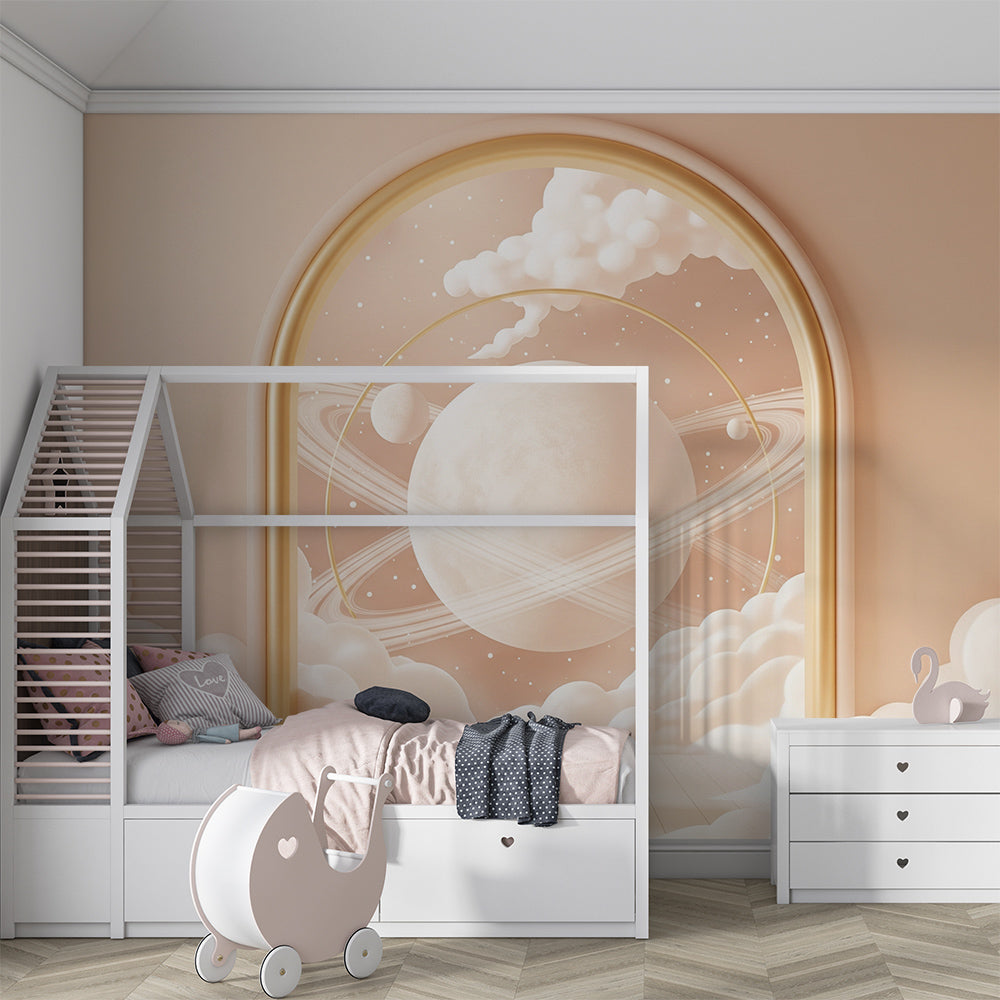 Kids-Mundo golden arch planet wall mural adding a celestial touch to a playroom