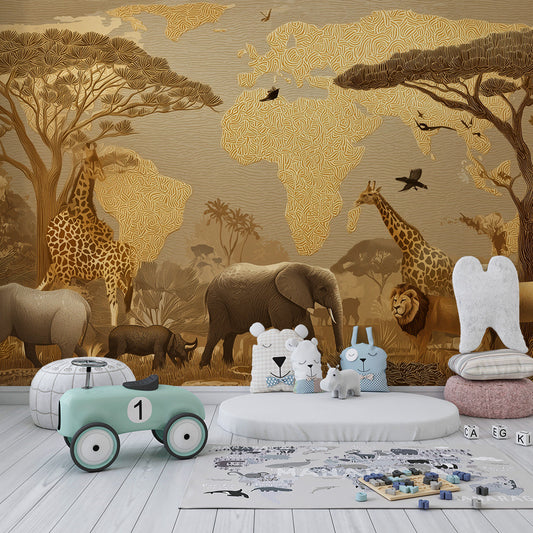Kids-Mundo safari animal wall mural with world map above a bed in a bedroom