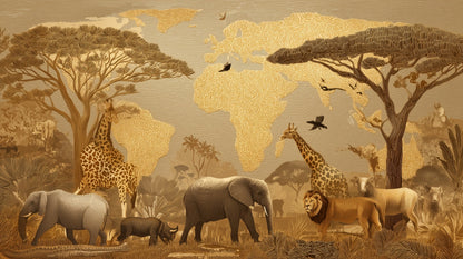 Flat artwork preview of the Kids-Mundo golden safari animals and world map wall mural