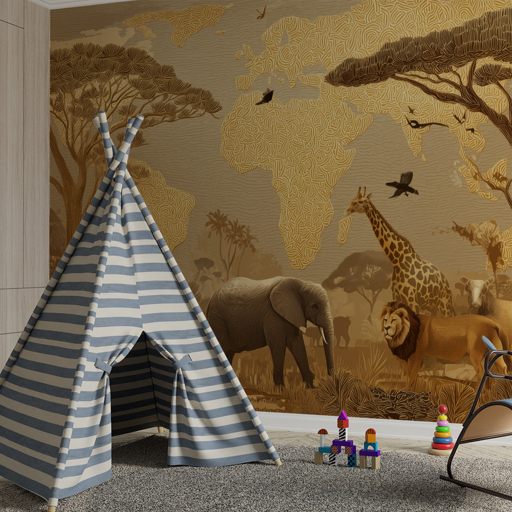 Safari world map wall mural by Kids-Mundo decorating a children's playroom wall