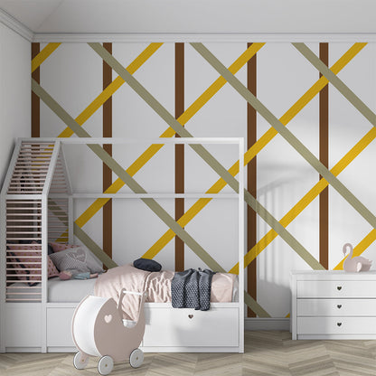Kids-Mundo geometric trellis wall mural behind a bed in a modern kids bedroom.
