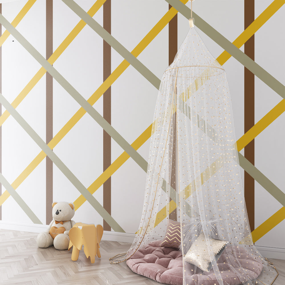 Kids-Mundo golden sage trellis wall mural adding pattern to a children's playroom.