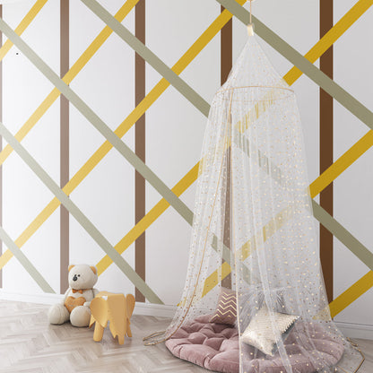 Kids-Mundo golden sage trellis wall mural adding pattern to a children's playroom.