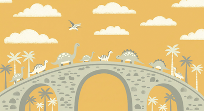 Flat artwork of the Kids-Mundo dinosaur and pterodactyl golden sky stone bridge wall mural