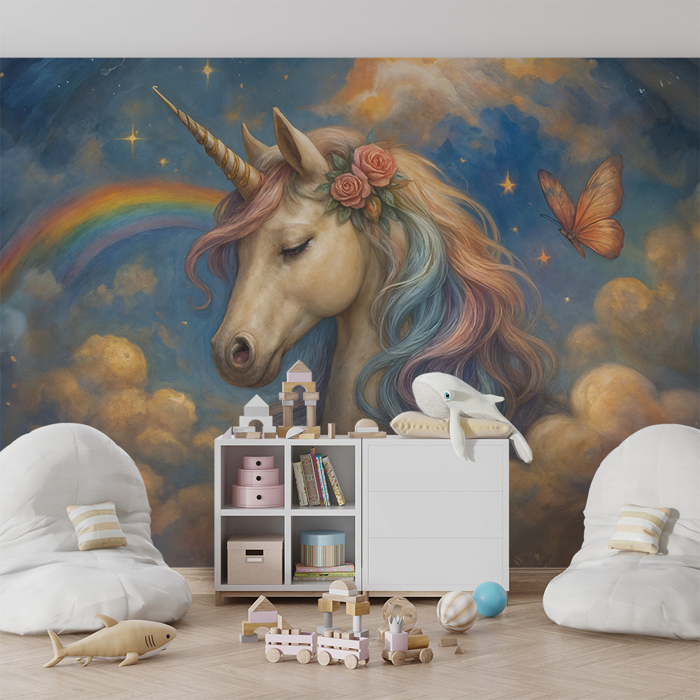 Kids-Mundo fantasy unicorn mural styled in a warm, storybook kids bedroom setting
