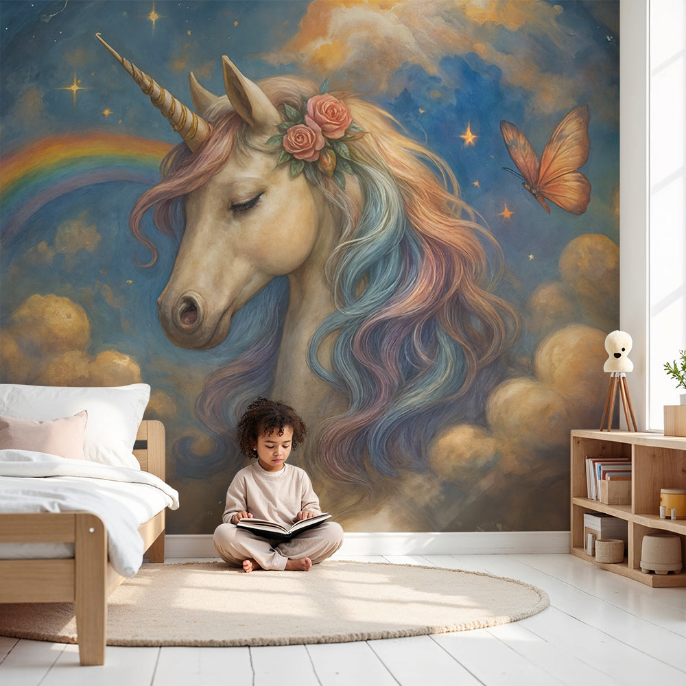 Kids-Mundo golden sky unicorn fantasy wall mural made to measure for a dreamy nursery